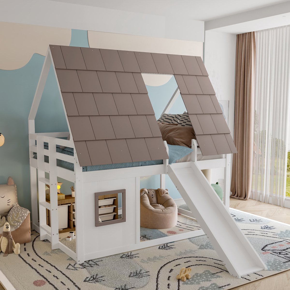 MEUNIQ Huisvormig stapelbed 140 x 200 cm met dak, ladder en glijbaan, voor kinderkamer, bruin en wit