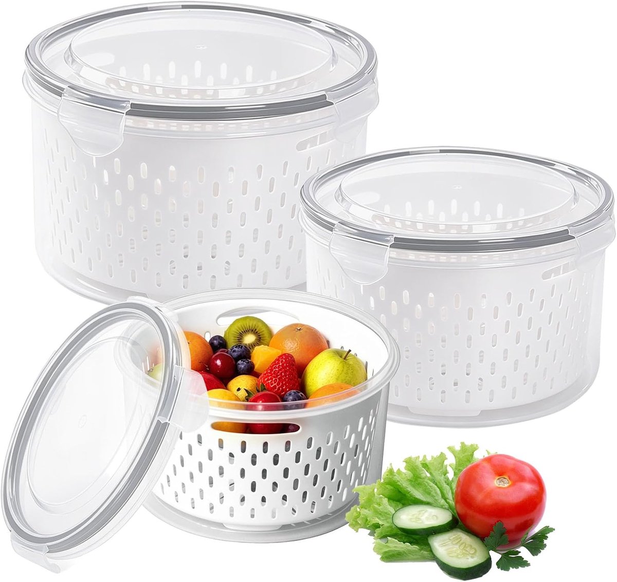 dogmoon Fridge Organiser with Lid and Separable Strainer, 3 Pieces Round Storage Containers, Plastic Stackable Set - ShopVlot