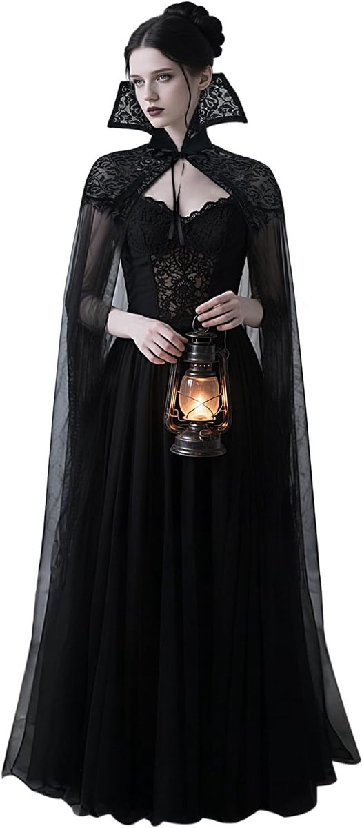 keland Gothic Long Tulle Vampire Cape with Stand Collar Lace for Women (Black) - ShopVlot