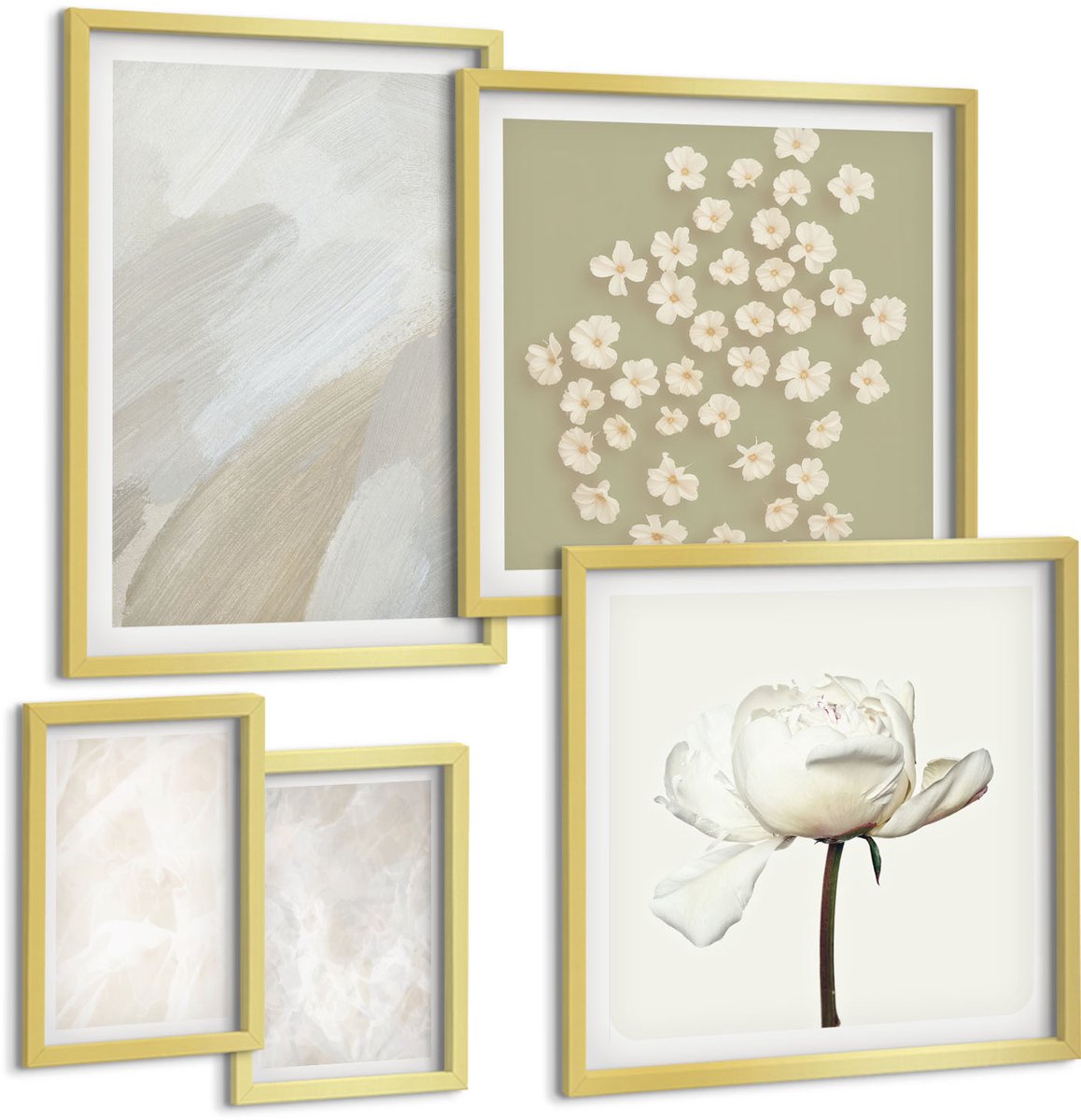 TULUP 5-Delige Schilderij Set - Bloemen en trendy texturen, delicate boho-stijl - 50 x 50 cm, 20 x 30 cm en 40 x 60 cm - Muurdecoratie - Wanddecoratie - Slaapkamer - Woonkamer Decoratie Gouden lijst