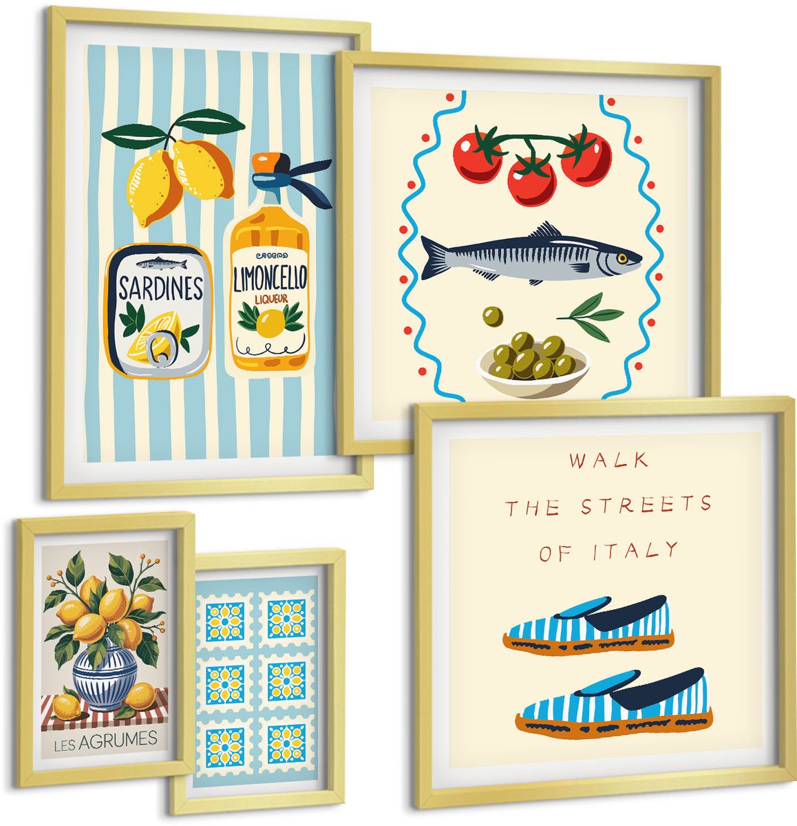 TULUP 5-Delige Schilderij Set - Keukeninspiratie uit Italië: citrusvruchten en zeevruchten - 50 x 50 cm, 20 x 30 cm en 40 x 60 cm - Stijlvolle Muurdecoratie - Kantoor Gouden lijst