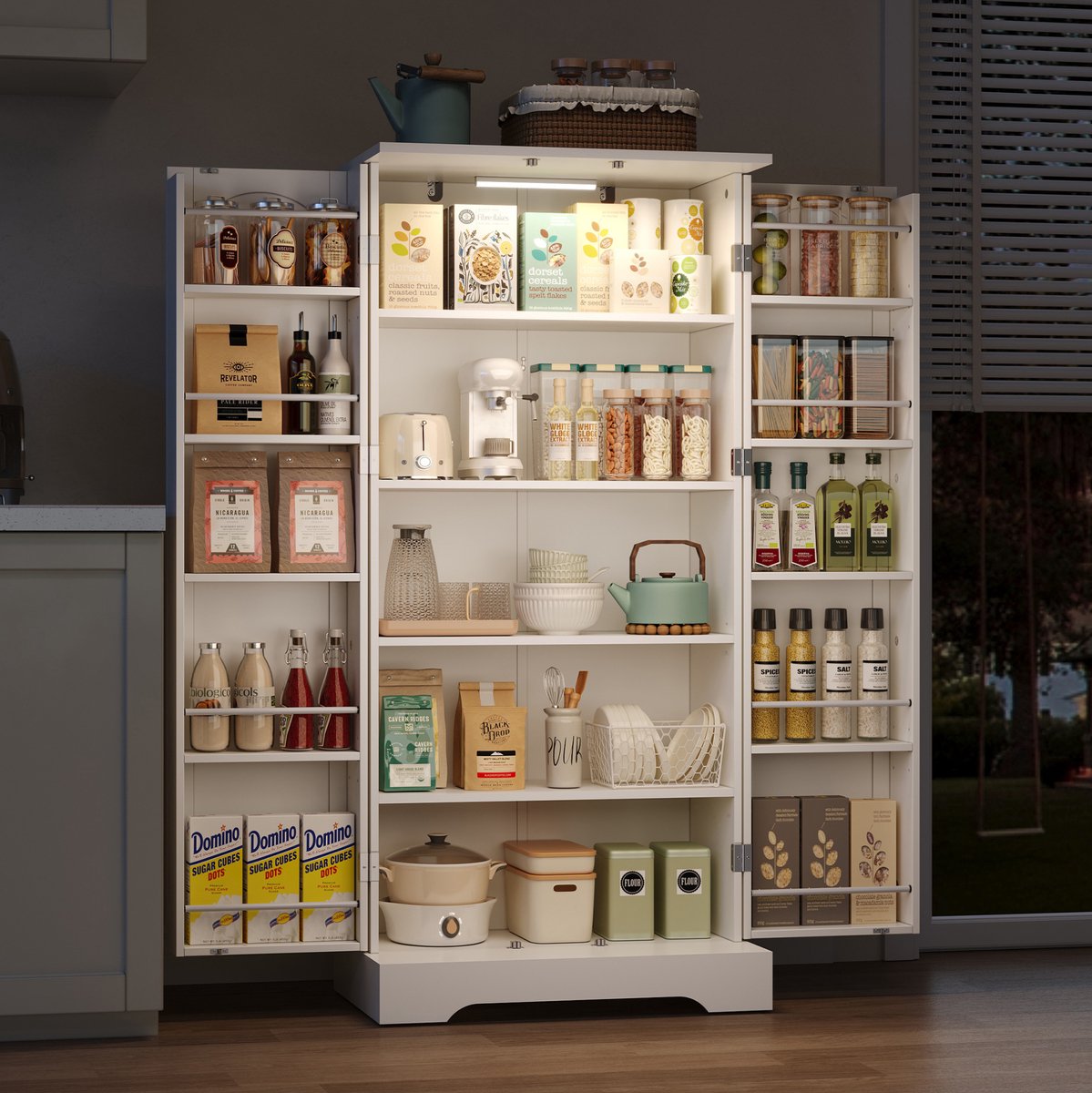 Keukenkast Wit Vrijstaand Met Led Sensorlamp En Verstelbare Planken Dubbele Deuren Voor Keuken Woonkamer En Eetkamer 60x35x128 Cm