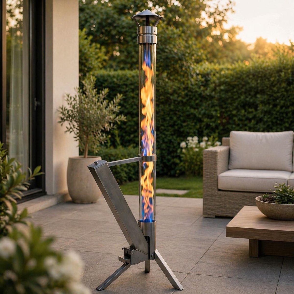 Eden Outdoor vuurpijp klassiek, roestvrijstalen vuurzuil en pelletfakkel, elegante terrasverwarming en tuinhaard - ShopVlot
