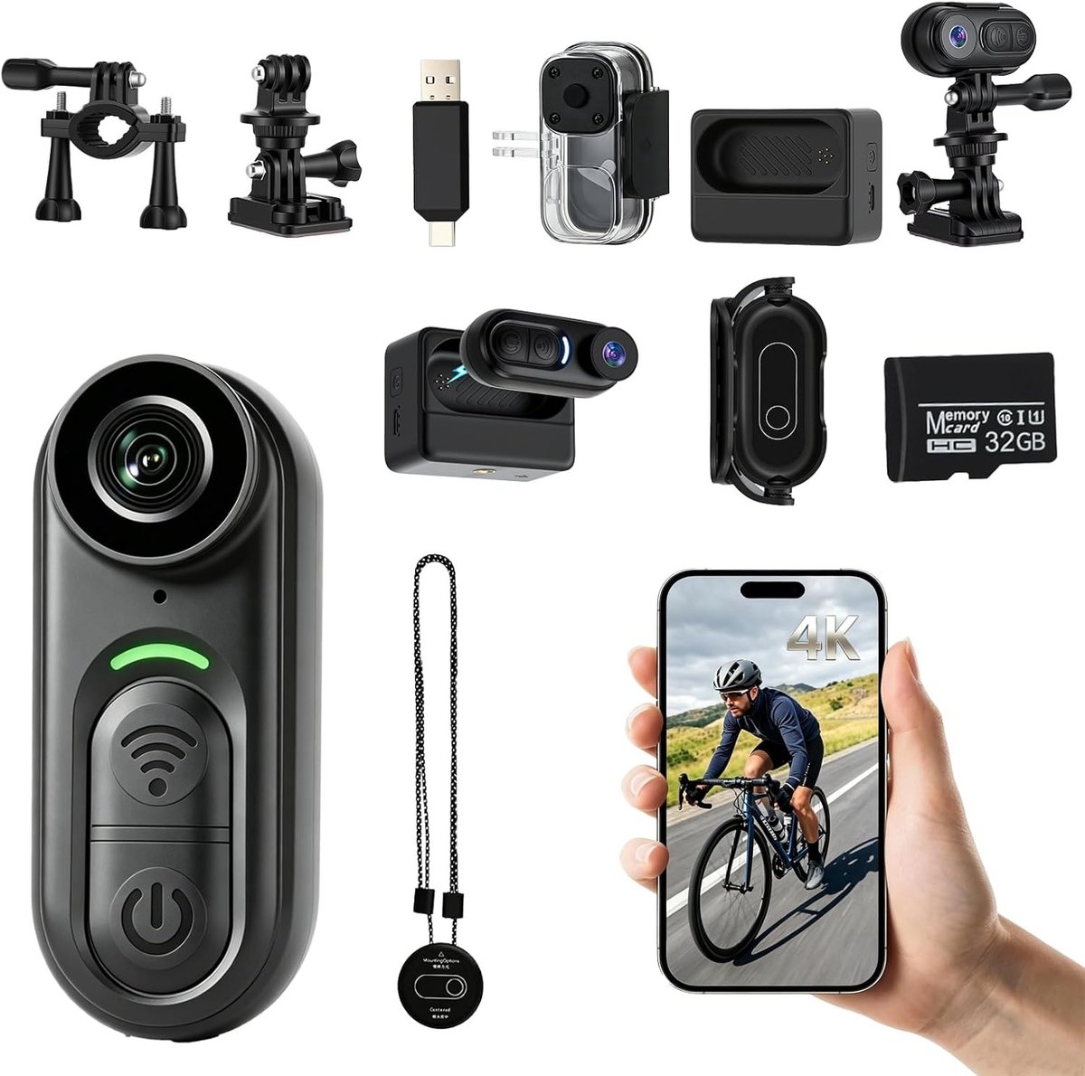 Mini Actiecamera - Zwart - 5,8 x 2,7 x 2,6 cm - 4K met Oplaadcase en Wifi - Voor Buitenavonturen