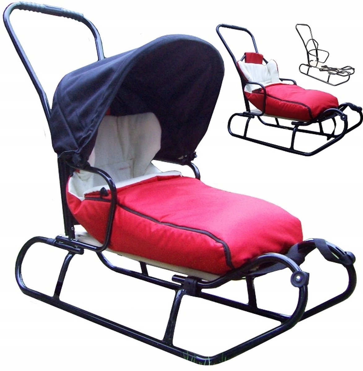 Stevige Metalen Kinderen Slee met Duwstang, Voetenzak & Kap (105cm)