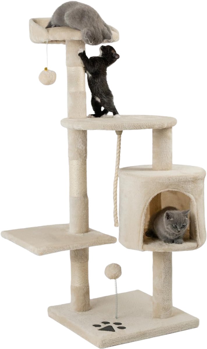 Verte - Krabpal - Krabpaal met 2 Pluche Ballen en Speelkoord - Krabpaal met Sisalkoord en Pluche - Comfortabel Ligplaats en Grot - Geschikt voor Kleine en Grote Katten - Beige - Hoogte 112 CM
