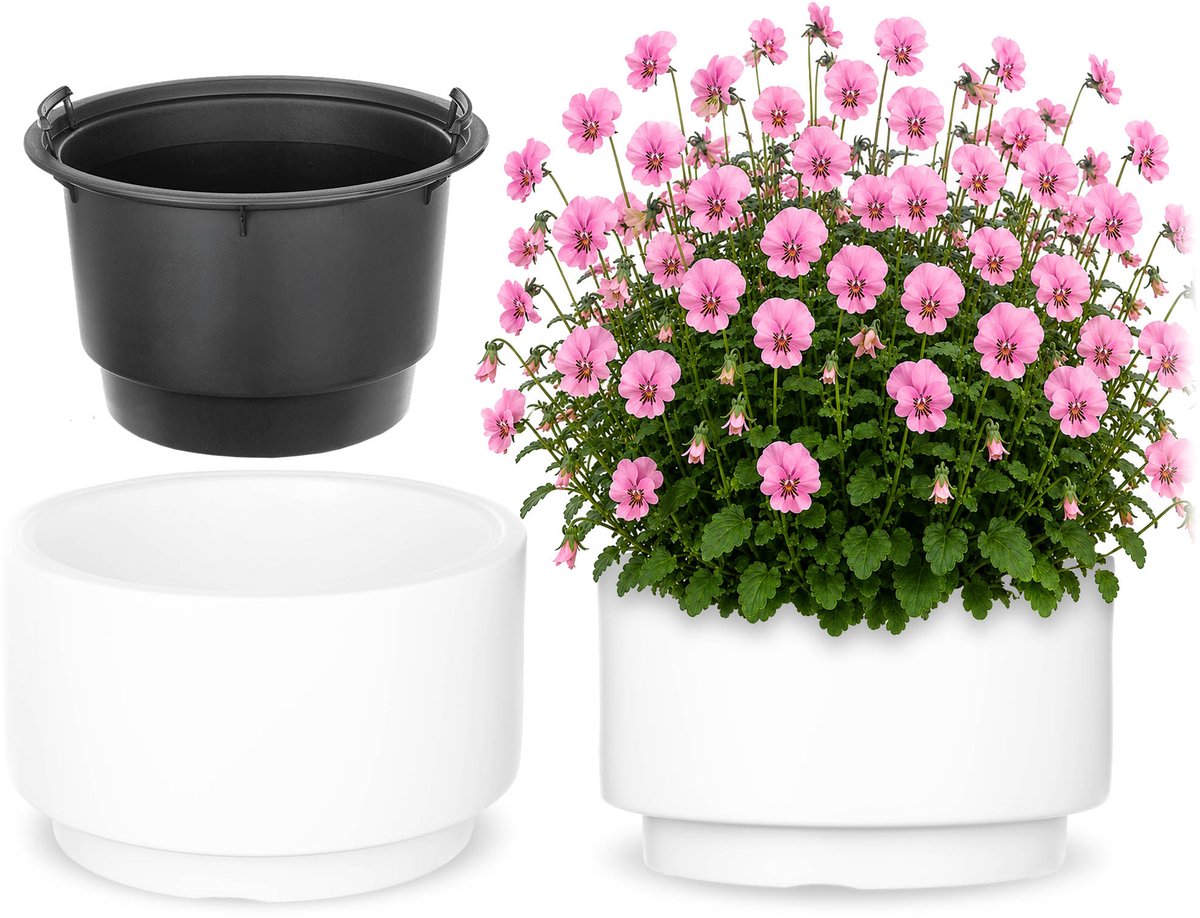 KADAX Bloempot met binnenpot, plastic sierpot vorstbestendig voor bloemen en planten, staand wit 29,5x19cm