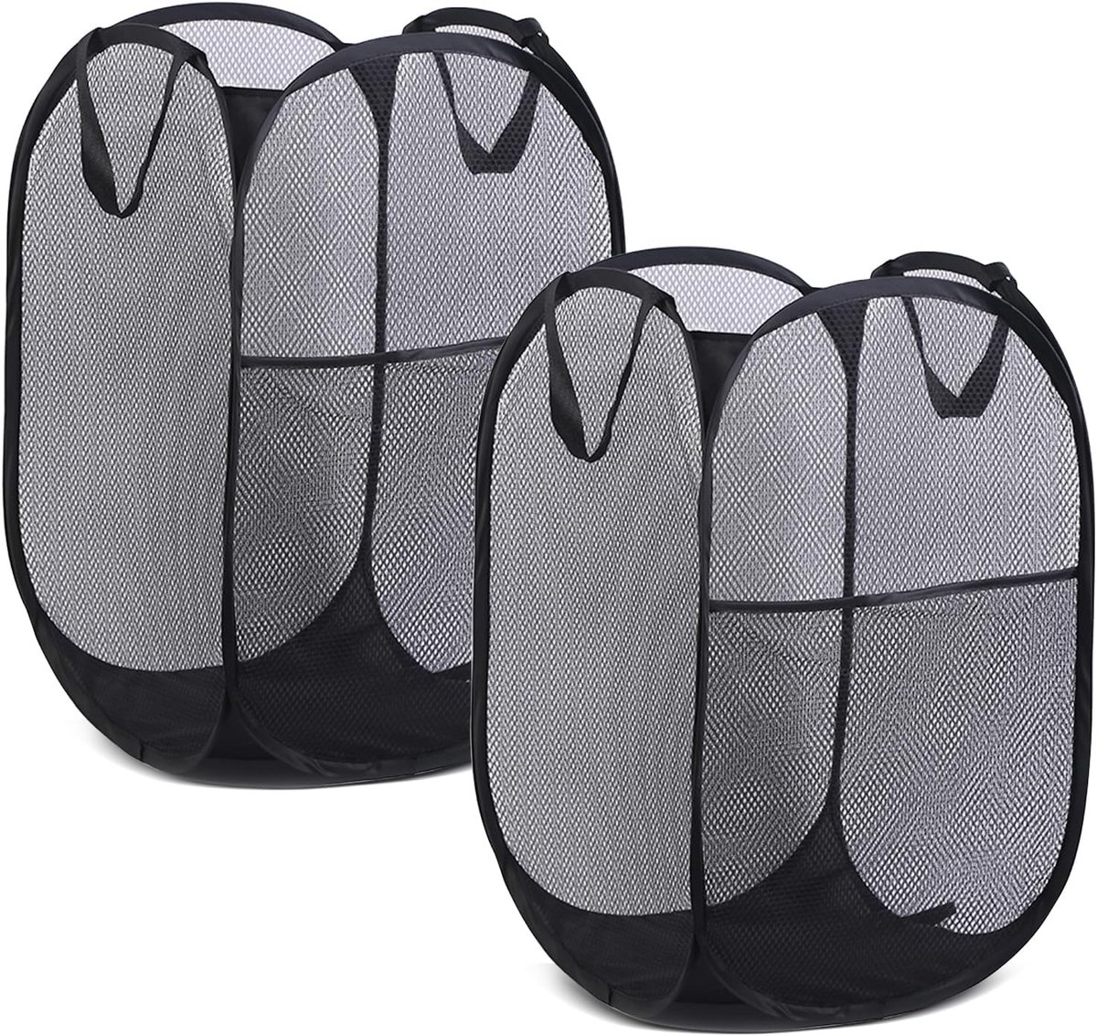 Pop-up-wasmand, 2 stuks, opvouwbare wasmand mesh, 75 l, opvouwbare wasmand van mesh, ademende honingraatnet, wasmand voor kinderkamer, college, slaapzaal, camping en reizen (zwart)