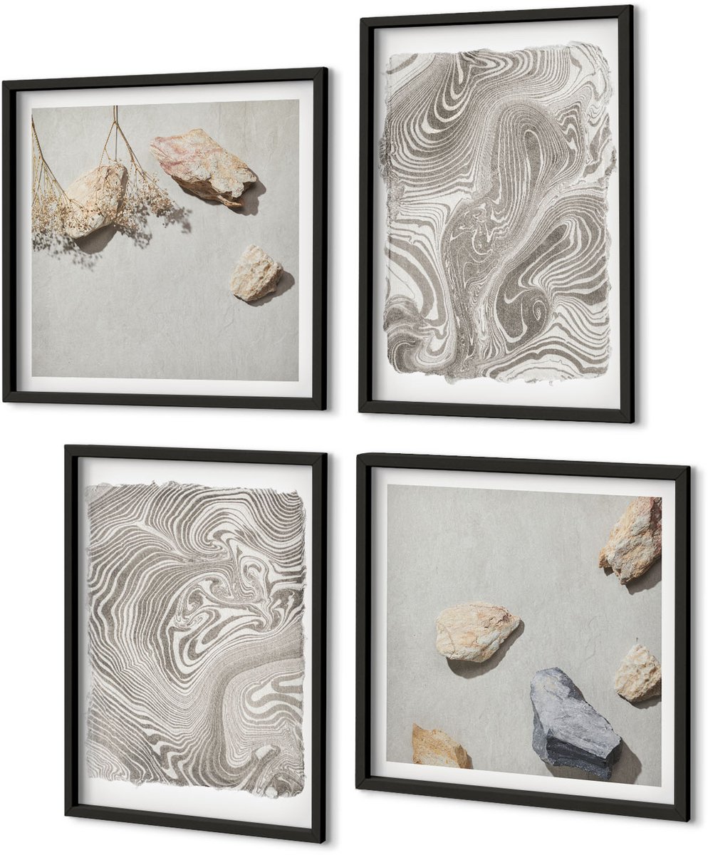 Coloray 4-Delige Schilderij Set - Abstracte Schilderkunst Met Moderne Vormen - 40 x 40 cm En 40 x 60 cm - Moderne Wanddecoratie - Woonkamer - Stijlvolle Muurdecoratie Zwarte lijst