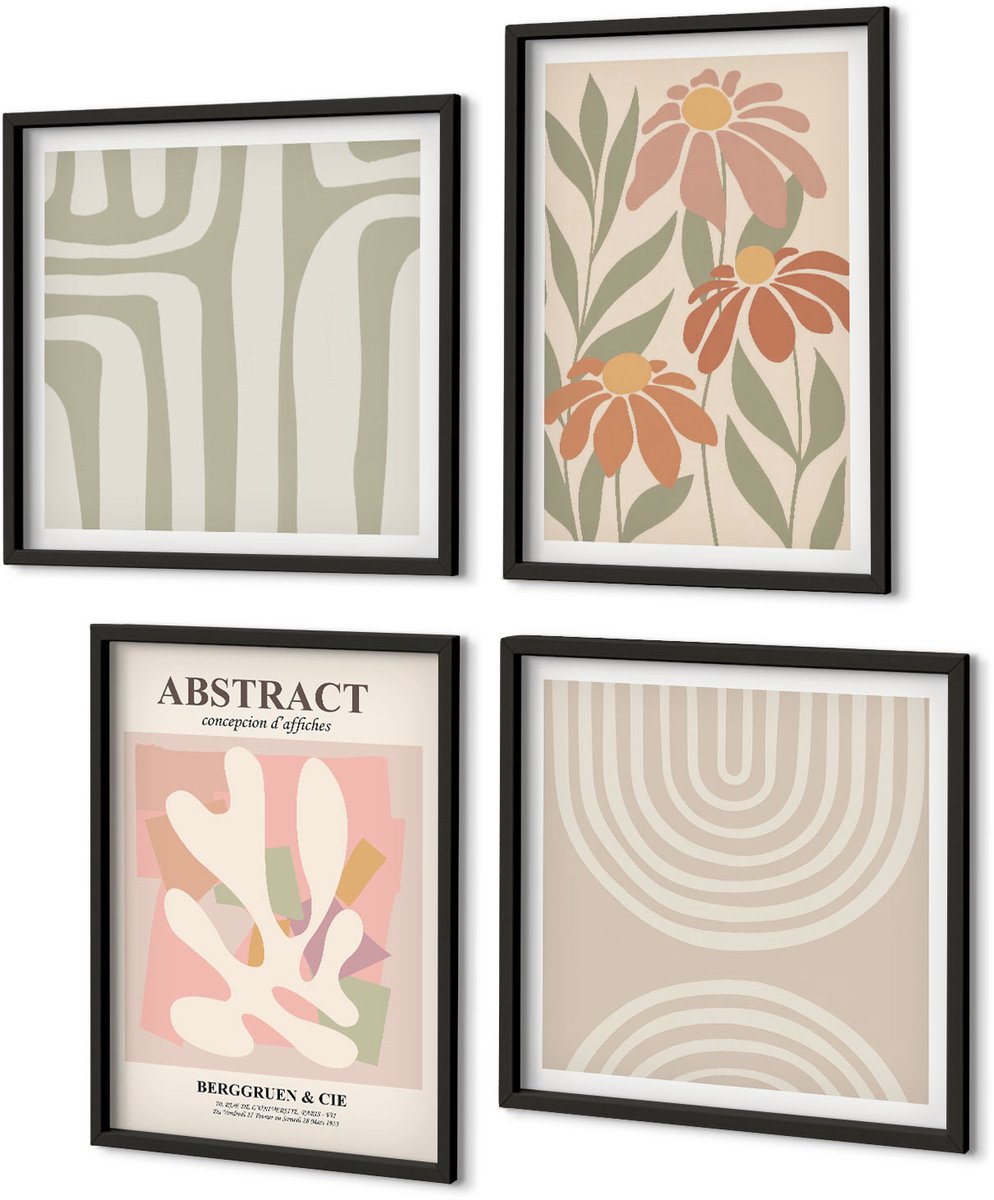 Coloray 4-Delige Schilderij Set - Abstracte Vormen Met Plantmotieven In Pastelkleuren. - 40 x 40 cm En 40 x 60 cm - Decoratieve Schilderijen - Woonkamer - Interieur Zwarte lijst