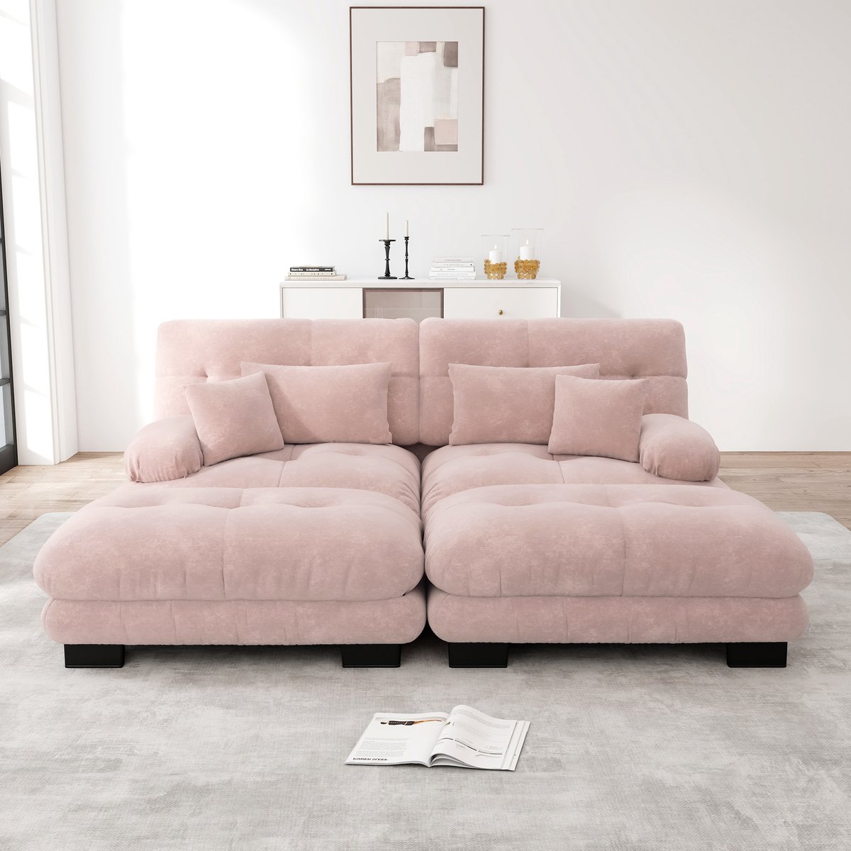 Modulaire cloud bank met 2 ottomans - L- of U-vorm - 2-4 persoons - Roze - chenille stof - diepe zit en brede armleuningen - incl. 2 lenden- en 2 sierkussens - vacuüm verpakt, geen montage