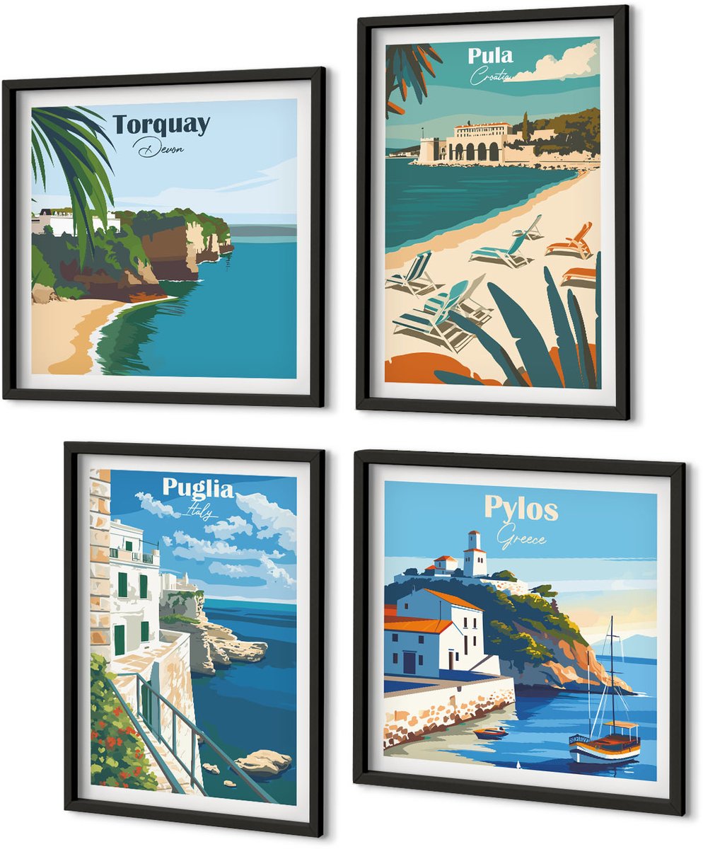 Coloray 4-Delige Schilderij Set - Schilderachtige Kustlandschappen Uit Toeristische Landen - 40 x 40 cm En 40 x 60 cm - Stijlvolle Muurdecoratie - Slaapkamer - Wanddecoratie Zwarte lijst