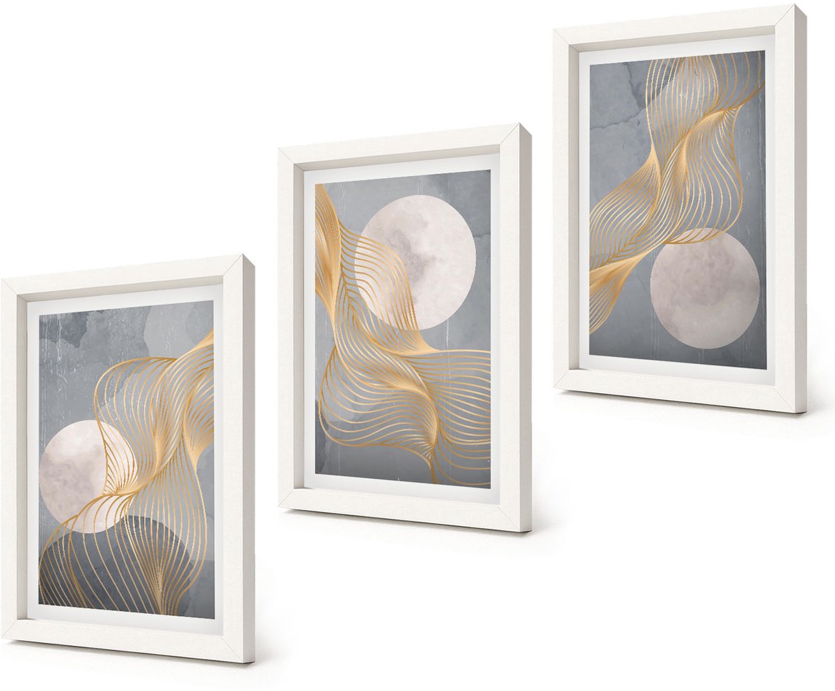 Coloray 3-Delige Schilderij Set - Abstracte patronen met golven en cirkels op een grijze achtergrond. - 20x30 - Decoratieve Schilderijen - Wanddecoratie - Hal - Interieur Decoratie