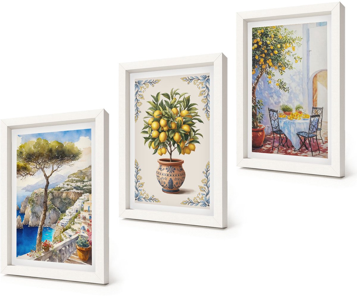 Coloray 3-Delige Schilderij Set - Zeezicht met citroenboom en tuintafel - 20x30 - Stijlvolle Muurdecoratie - Kantoor - Woonkamer Decoratie