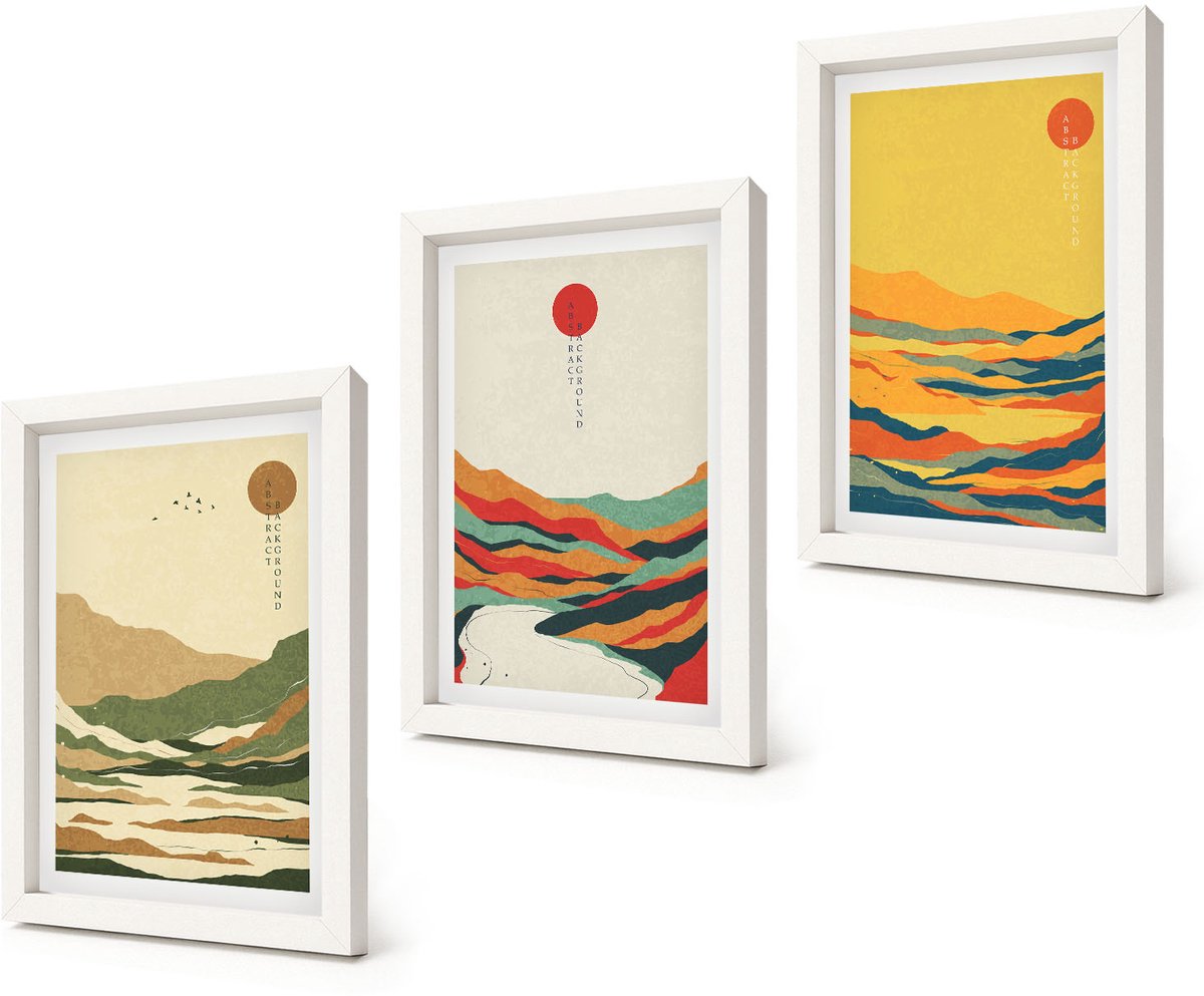 Coloray 3-Delige Schilderij Set - Kleurrijke patronen van bergen en rivieren in Japandi-stijl - 20x30 - Wanddecoratie - Muurdecoratie - Woonkamer