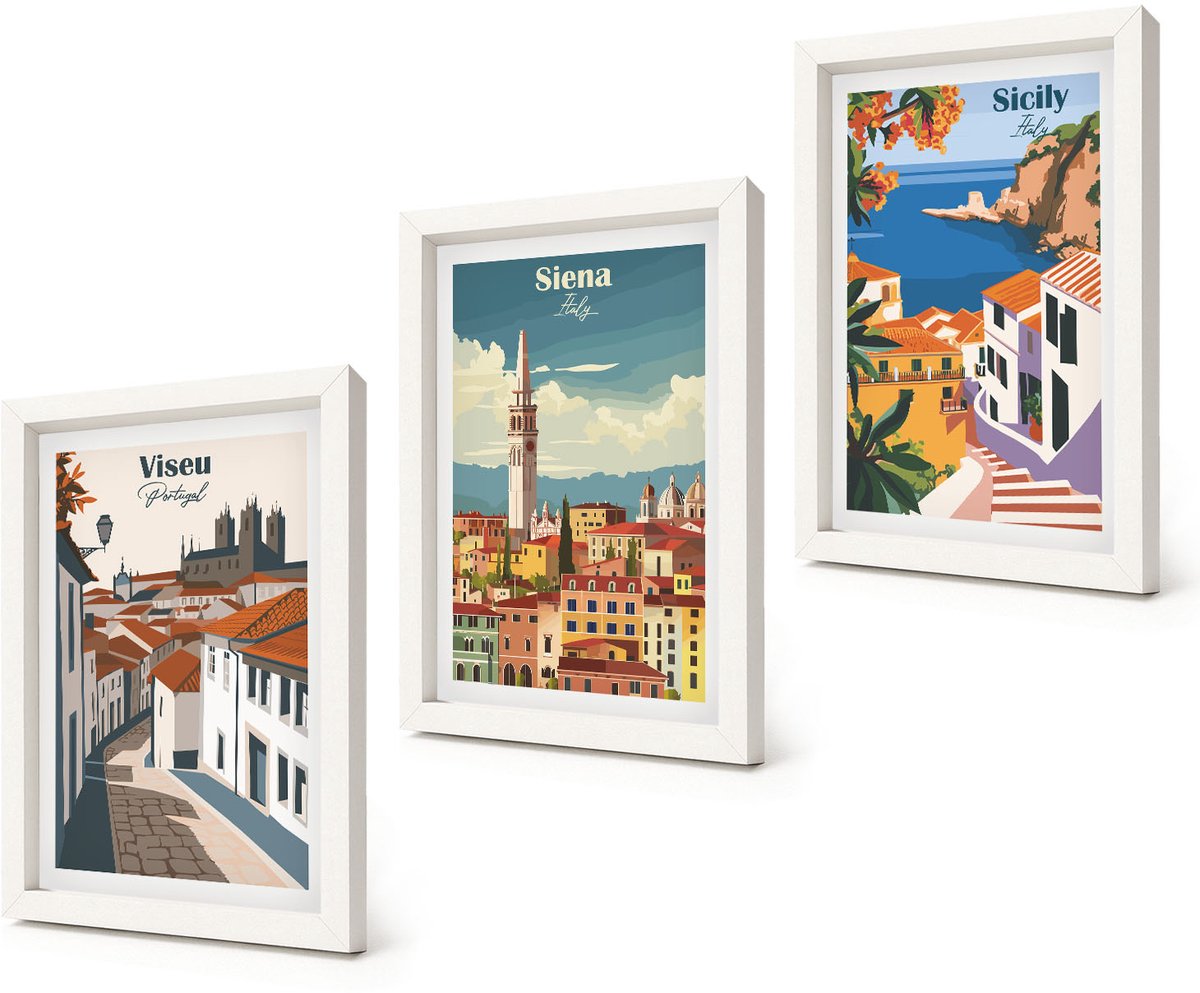 Coloray 3-Delige Schilderij Set - Retro-illustraties van beroemde steden over de hele wereld - 20x30 - Muurdecoratie - Wanddecoratie - Hal - Decoratieve Schilderijen