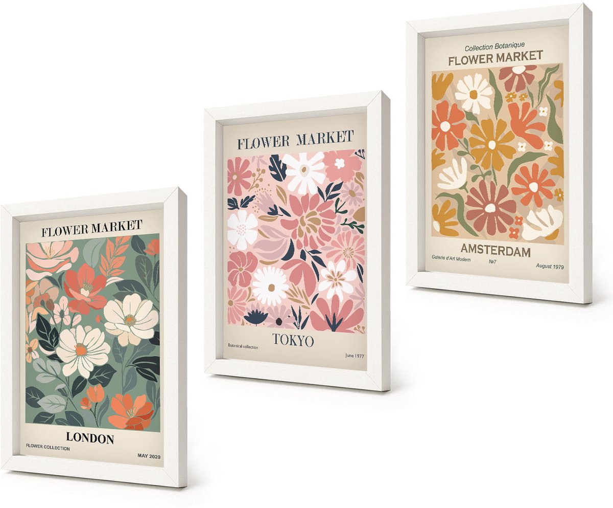 Coloray 3-Delige Schilderij Set - Posters met bloemenpatronen uit Londen, Tokio en Amsterdam - 20x30 - Wanddecoratie - Moderne Interieurdecoratie - Interieur Decoratie