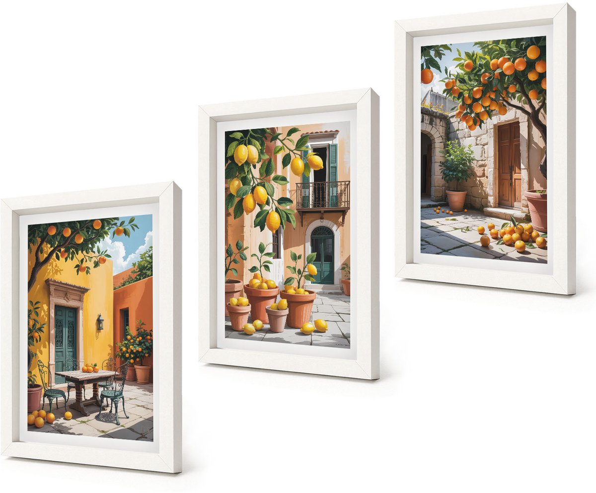 Coloray 3-Delige Schilderij Set - Citrusvruchten in een zonnige tuinscène - 20x30 - Stijlvolle Wanddecoratie - Interieur - Interieur Decoratie