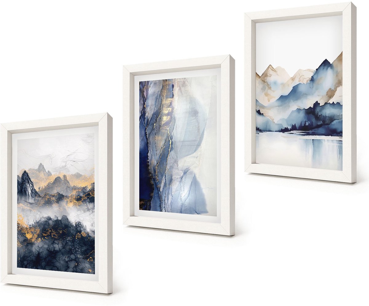 Coloray 3-Delige Schilderij Set - Berglandschappen met blauwe en grijze tinten - 20x30 - Wanddecoratie - Moderne Interieurdecoratie - Muurdecoratie