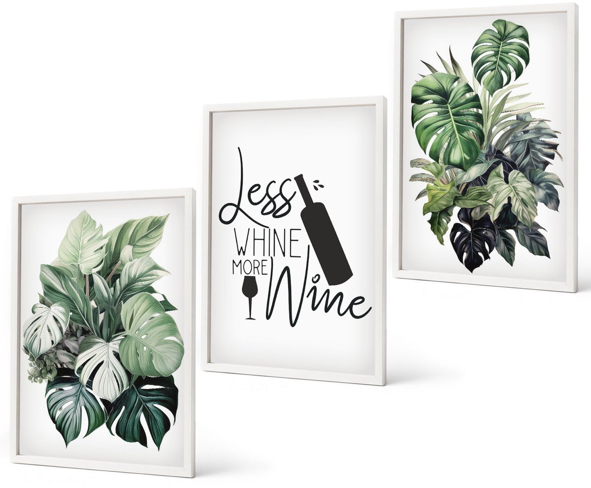 Coloray 3-Delige Schilderij Set - Groene Plantenbladeren Met Het Opschrift "Wijn". - 40 x 60 - Wanddecoratie - Woonkamer Decoratie - Interieur Decoratie