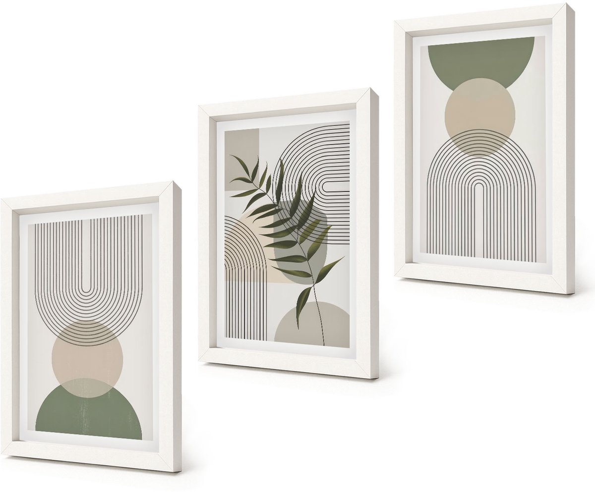 Coloray 3-Delige Schilderij Set - Abstracte vormen in tinten groen en beige - 20x30 - Wanddecoratie - Woonkamer Decoratie