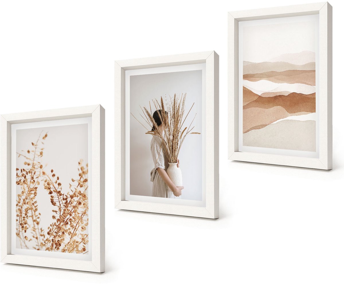 Coloray 3-Delige Schilderij Set - Abstracte plantmotieven in rustieke boho-stijl - 20x30 - Wanddecoratie - Schilderijen Set - Kantoor - Woonkamer Decoratie