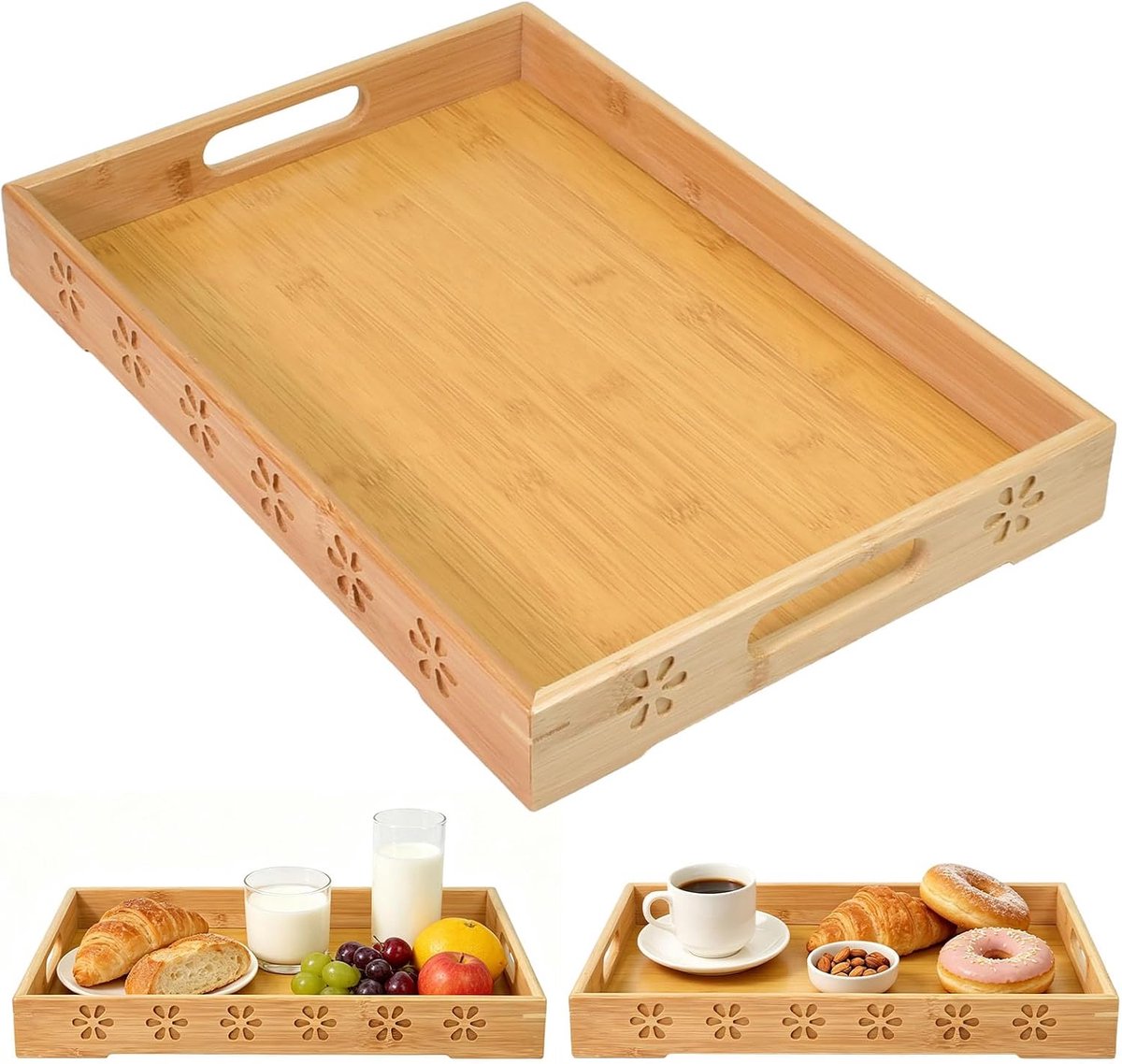 Middelgroot dienblad, houten dienblad met handgrepen, 40 x 28 x 4,5 cm, stabiel en licht - ShopVlot