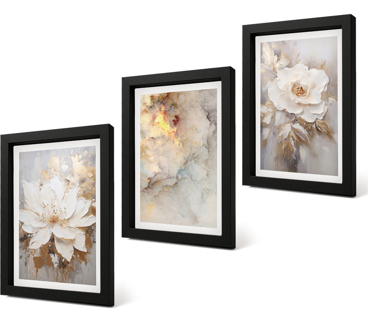 Coloray 4-Delige Schilderij Set - Bloemen op een lichte achtergrond met abstracte patronen. - 20 x 30 cm - Stijlvolle Muurdecoratie - Kantoor - Interieur Decoratie