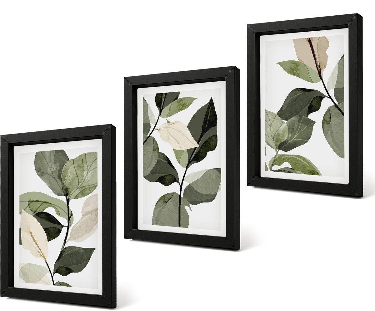 Coloray 4-Delige Schilderij Set - Geschilderde delicate boho-plantenbladeren - 20 x 30 cm - Decoratieve Schilderijen - Wanddecoratie - Hal - Woonkamer Decoratie Zwarte lijst