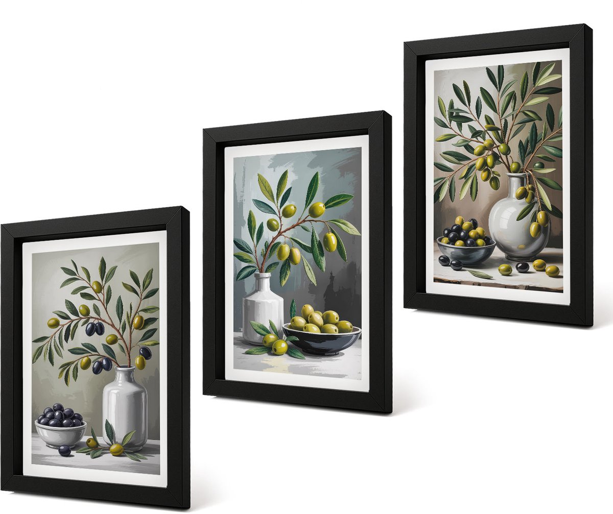 Coloray 4-Delige Schilderij Set - Olijven in keramische schalen op een grijze achtergrond - 20 x 30 cm - Wanddecoratie - Muurdecoratie - Moderne Interieurdecoratie - Interieur Decoratie