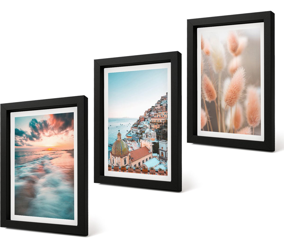 Coloray 4-Delige Schilderij Set - Uitzicht op zee, zonsondergang, kleurrijke huizen, bloemen - 20 x 30 cm - Decoratieve Muurdecoratie - Slaapkamer - Woonkamer Decoratie