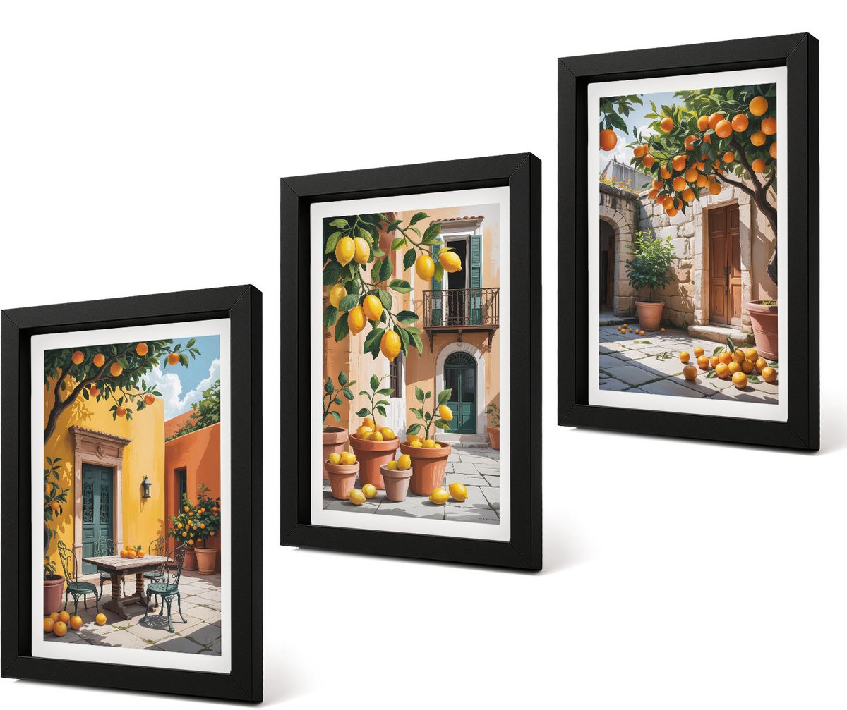 Coloray 4-Delige Schilderij Set - Citrusvruchten in een zonnige tuinscène - 20 x 30 cm - Stijlvolle Wanddecoratie - Interieur - Muurdecoratie