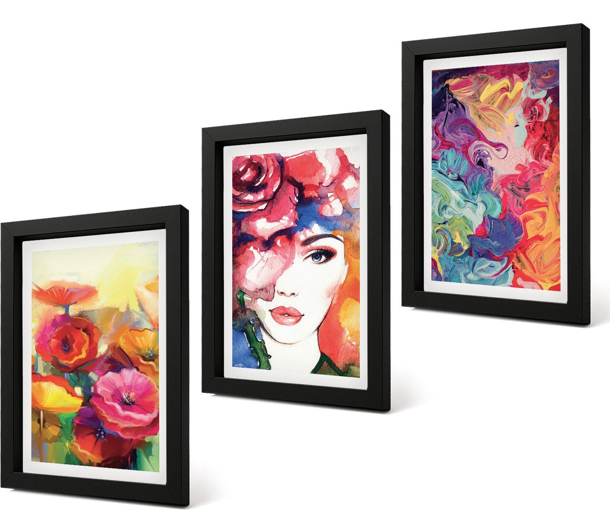 Coloray 4-Delige Schilderij Set - Bloemen in intense kleuren Portret van een vrouw Abstract - 20 x 30 cm - Stijlvolle Muurdecoratie - Slaapkamer