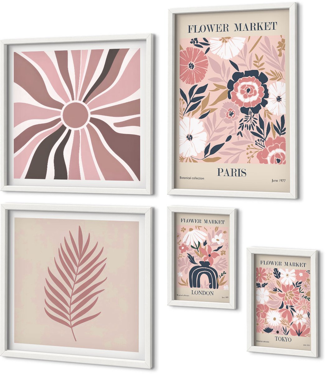 Coloray 5-Delige Schilderij Set - Bloemenmarkten Uit Wereldsteden In Boho-Stijl - 50 x 50 cm, 20 x 30 cm En 40 x 60 cm - Wanddecoratie - Muurdecoratie - Moderne Interieurdecoratie - Woonkamer Decoratie