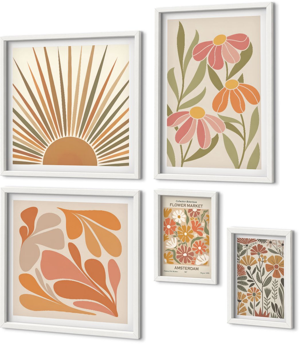 Coloray 5-Delige Schilderij Set - Bloemenmotieven En Geometrische Vormen In Boho-Stijl - 50 x 50 cm, 20 x 30 cm En 40 x 60 cm - Wanddecoratie - Woonkamer Decoratie - Interieur Decoratie