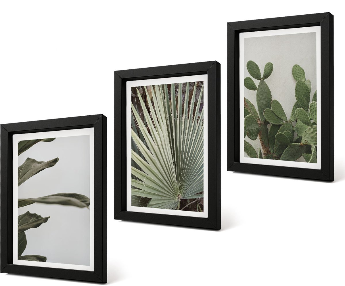Coloray 4-Delige Schilderij Set - Bladeren van tropische planten in pastelkleuren - 20 x 30 cm - Moderne Wanddecoratie - Woonkamer - Muurdecoratie Zwarte lijst