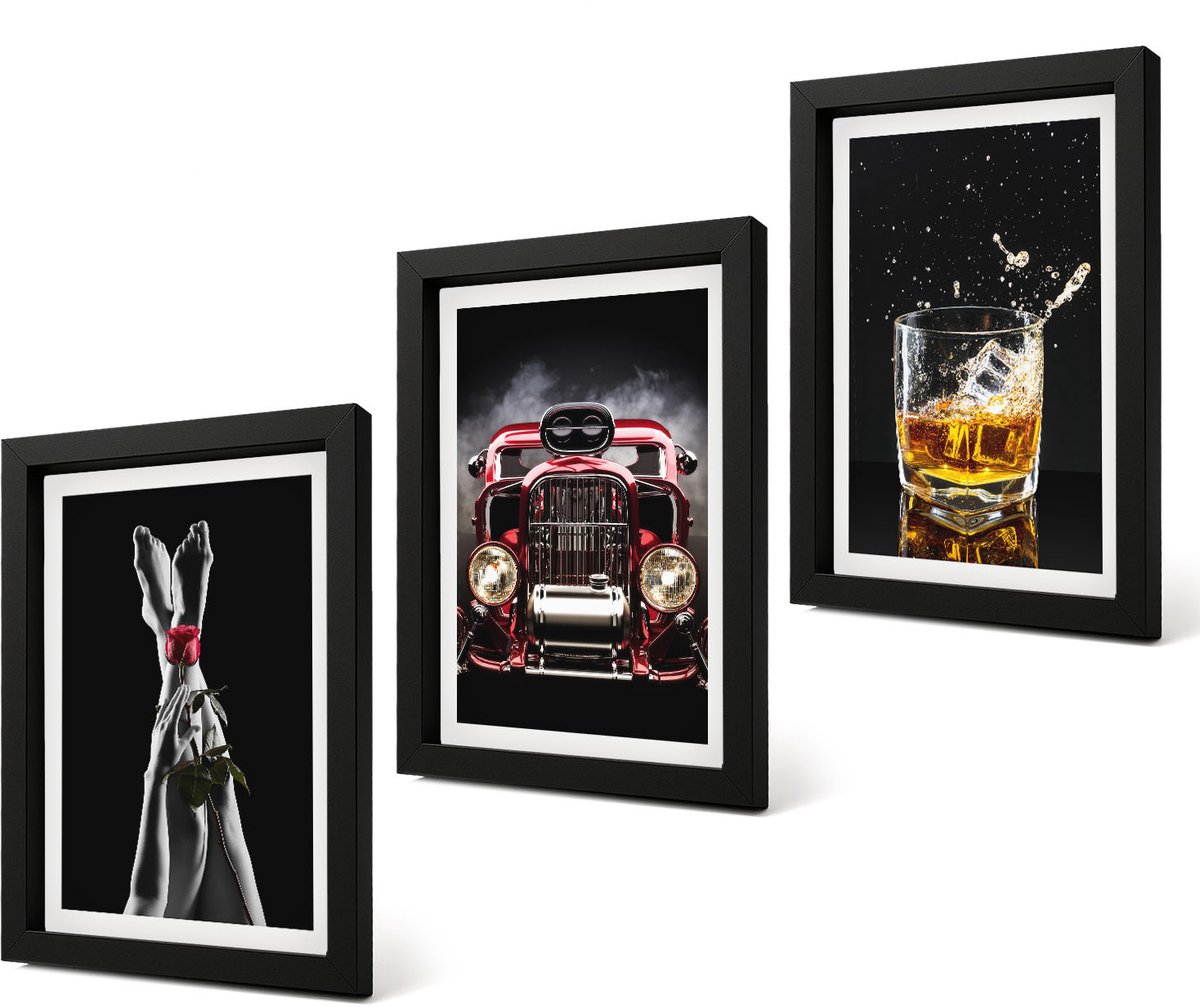 Coloray 4-Delige Schilderij Set - Vrouwenbenen met roos, oude auto, glas whisky - 20 x 30 cm - Stijlvolle Muurdecoratie - Slaapkamer - Interieur Decoratie