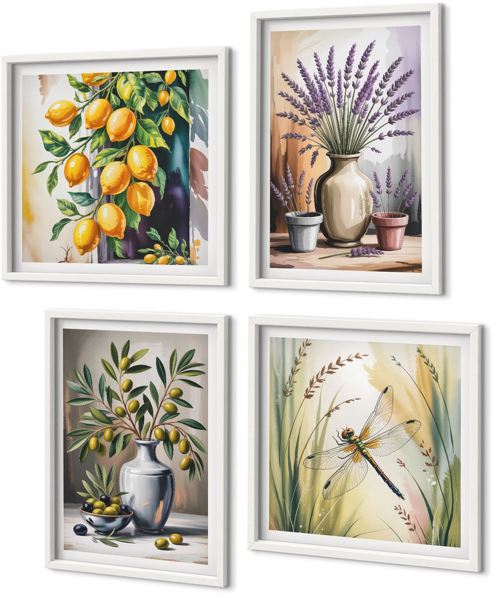 Coloray 4-Delige Schilderij Set - Bloemen En Olijven In Vazen ​​Citroenen Natuur - 40 x 40 En 40 x 60 - Wanddecoratie - Woonkamer Decoratie
