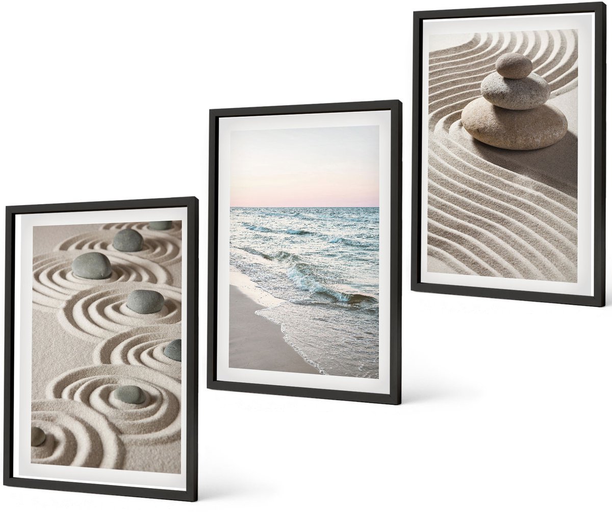Coloray 3-Delige Schilderij Set - Rustig Zand En Kabbelend Water Met Kiezels Op Het Strand. - 40 x 60 cm - Stijlvolle Wanddecoratie - Interieur - Muurdecoratie