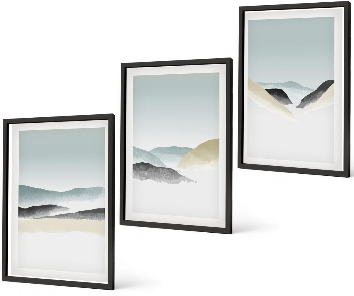 Coloray 3-Delige Schilderij Set - Minimalistische Bergen In Delicate Pasteltinten - 40 x 60 cm - Muurdecoratie - Wanddecoratie - Slaapkamer