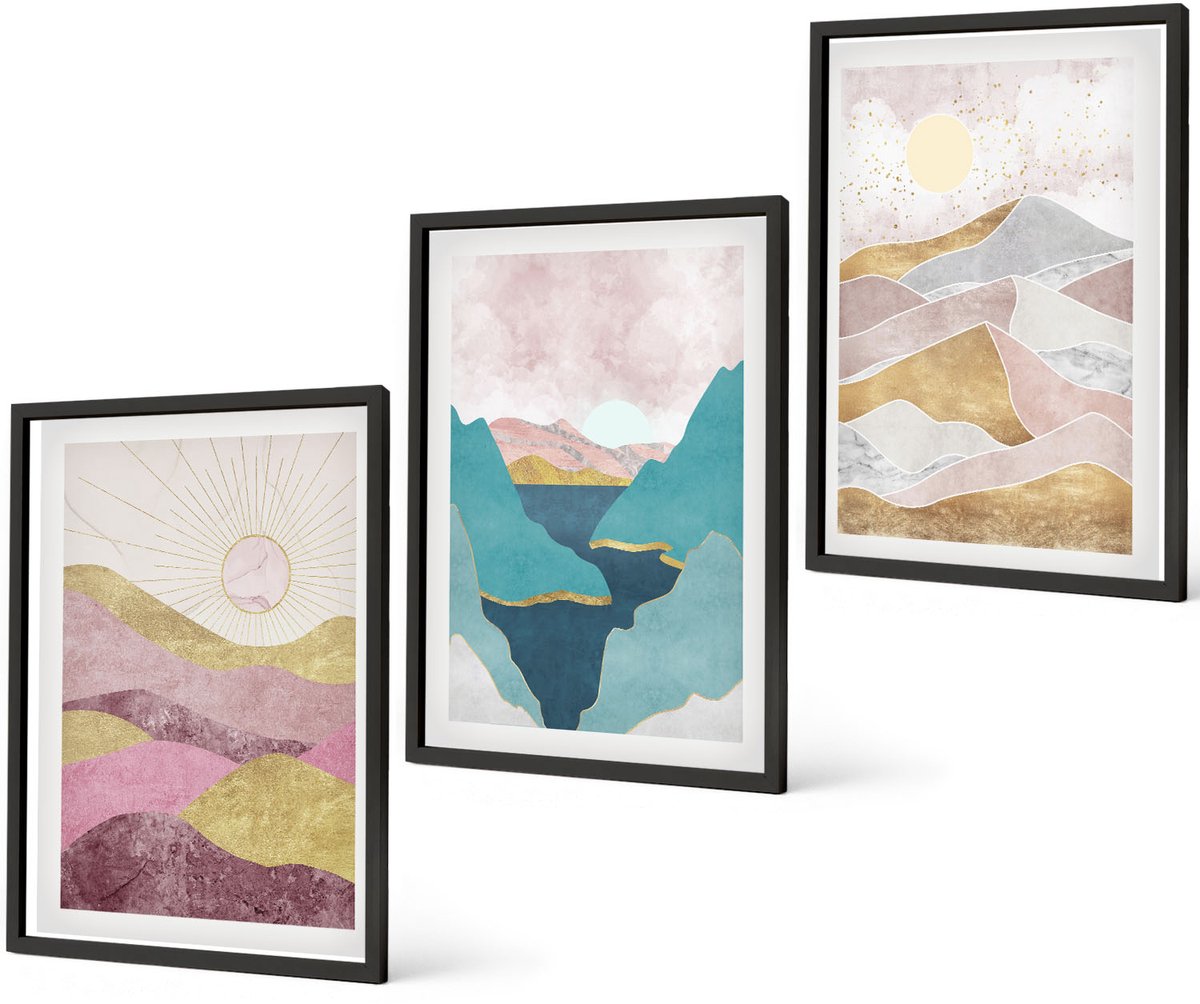 Coloray 3-Delige Schilderij Set - Abstracte Landschappen Met Bergen En Zon - 40 x 60 cm - Schilderijen Set - Wanddecoratie - Woonkamer - Muurdecoratie