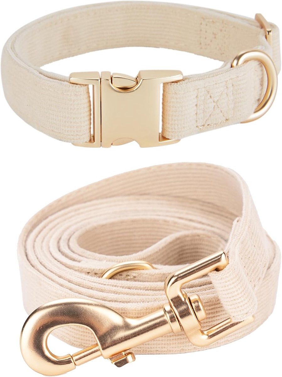 Dog Collar and Leash Set Medium, Soft Non-Irritating Corduroy Collar and Leash Matching Combo for Daily Walking, Cream - ShopVlot
