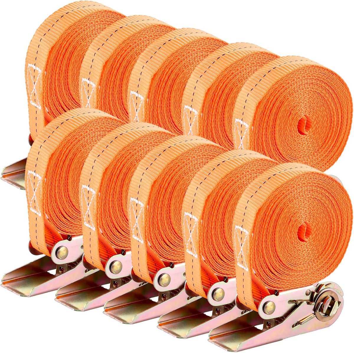 Pack of 10 ratchet straps without hooks, 6 m x 25 mm, adjustable ratchet strap, load capacity 800 kg, orange lashing - ShopVlot