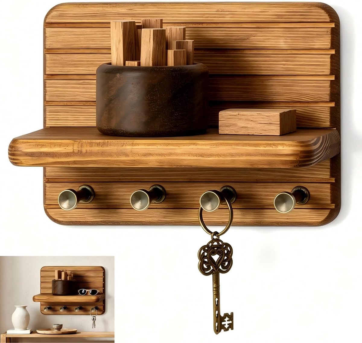Sleutelrek met legplank en 4 haken, sleutelhaak, hout, sleutelhouder, wandmontage, sleutelhouder, sleutelhouder - ShopVlot