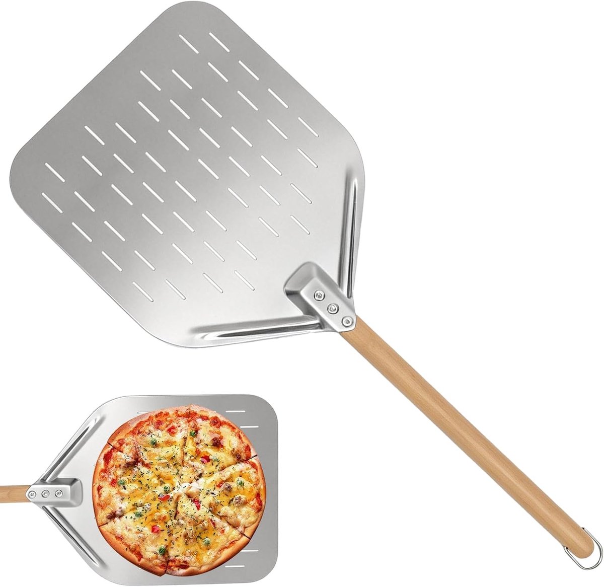 Pizzaschep, geperforeerd, 39 cm x 30,5 cm x 1 mm, pizzaschep, roestvrij staal, afneembare houten handgreep - ShopVlot