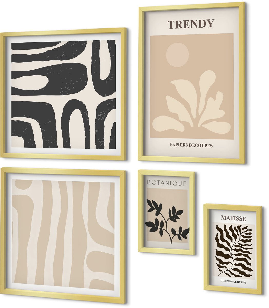 Coloray 5-Delige Schilderij Set - Stijlvolle Plantmotieven En Geometrische Decoratieve Vormen - 50 x 50 cm, 20 x 30 cm En 40 x 60 cm - Muurdecoratie - Schilderijen Set - Woonkamer - Wanddecoratie