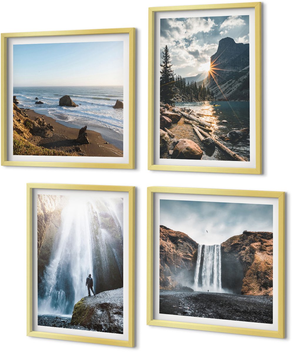 Coloray 4-Delige Schilderij Set - Watervallen in de bergen met prachtige natuurlijke landschappen - 40 x 40 cm en 40 x 60 cm - Moderne Wanddecoratie - Woonkamer - Decoratieve Schilderijen