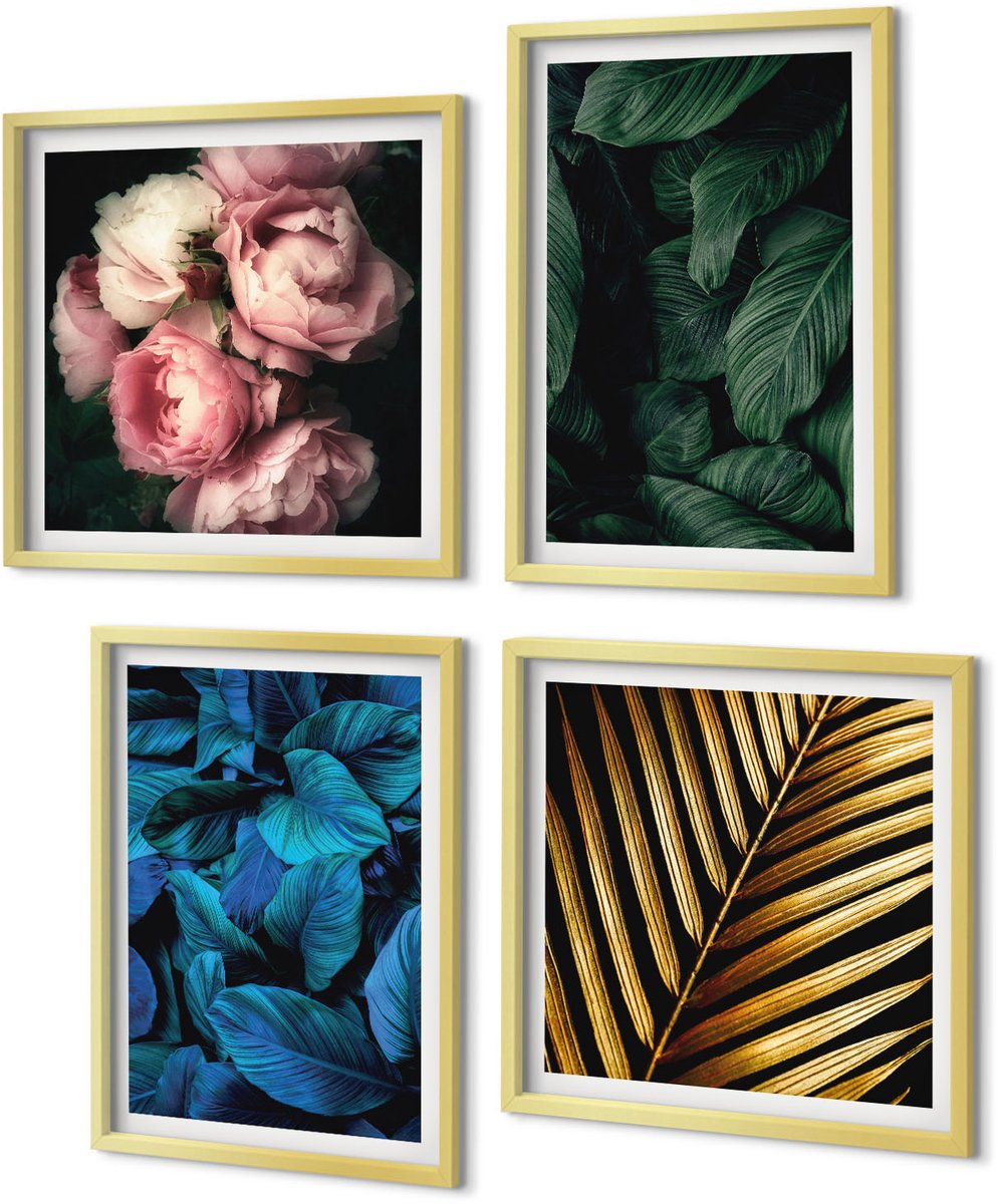 Coloray 4-Delige Schilderij Set - Bladeren en bloemen in verschillende kleuren - 40 x 40 cm en 40 x 60 cm - Decoratieve Schilderijen - Wanddecoratie - Hal - Moderne Wanddecoratie