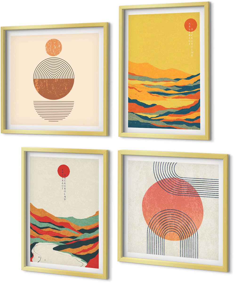 Coloray 4-Delige Schilderij Set - Kleurrijke patronen van bergen en rivieren in Japandi-stijl - 40 x 40 cm en 40 x 60 cm - Schilderijen Set - Wanddecoratie - Woonkamer - Woonkamer Decoratie