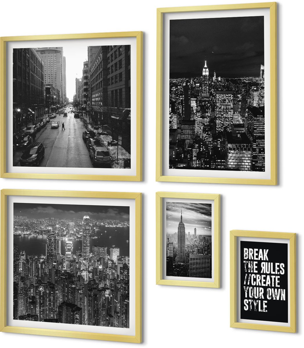 Coloray 5-Delige Schilderij Set - Uitzichten Op New York City In Zwart-Wit Met Inspirerende Slogans - 50 x 50 cm, 20 x 30 cm En 40 x 60 cm - Stijlvolle Muurdecoratie - Slaapkamer